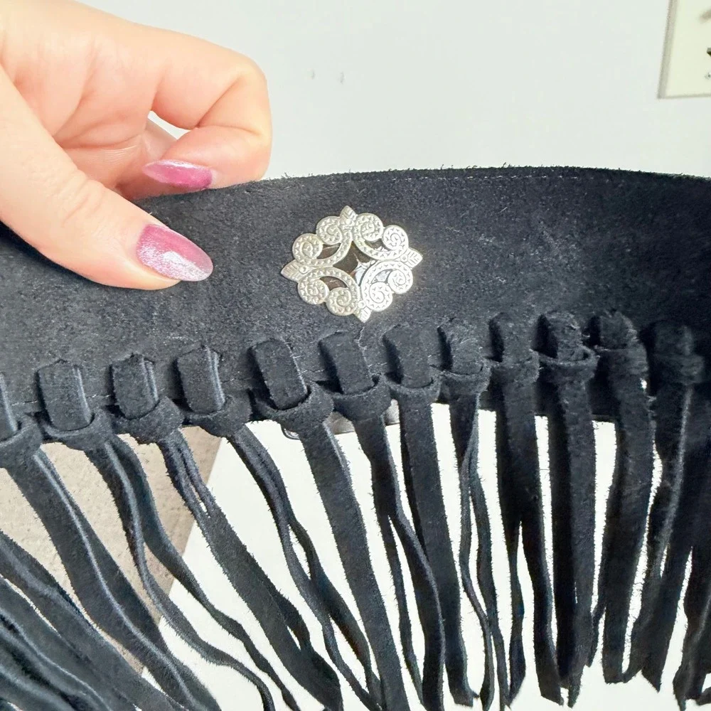 Vintage Et Vous Genuine Leather Suede Fringe Belt with Silver‎ Details